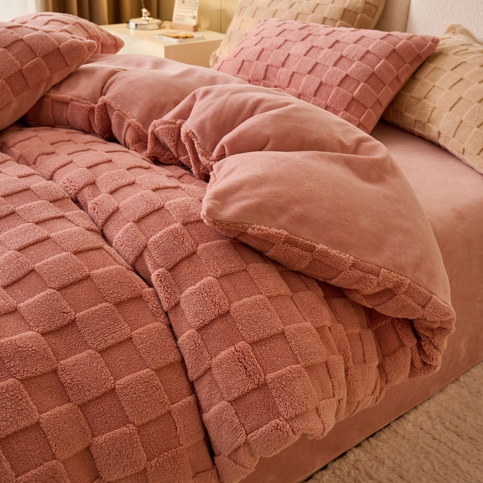 91家纺网 家纺一手货源 找家纺 晨曦家纺 2025新款加厚230克塔芙绒牛奶绒四件套-初暖系列 初暖-薄粉色