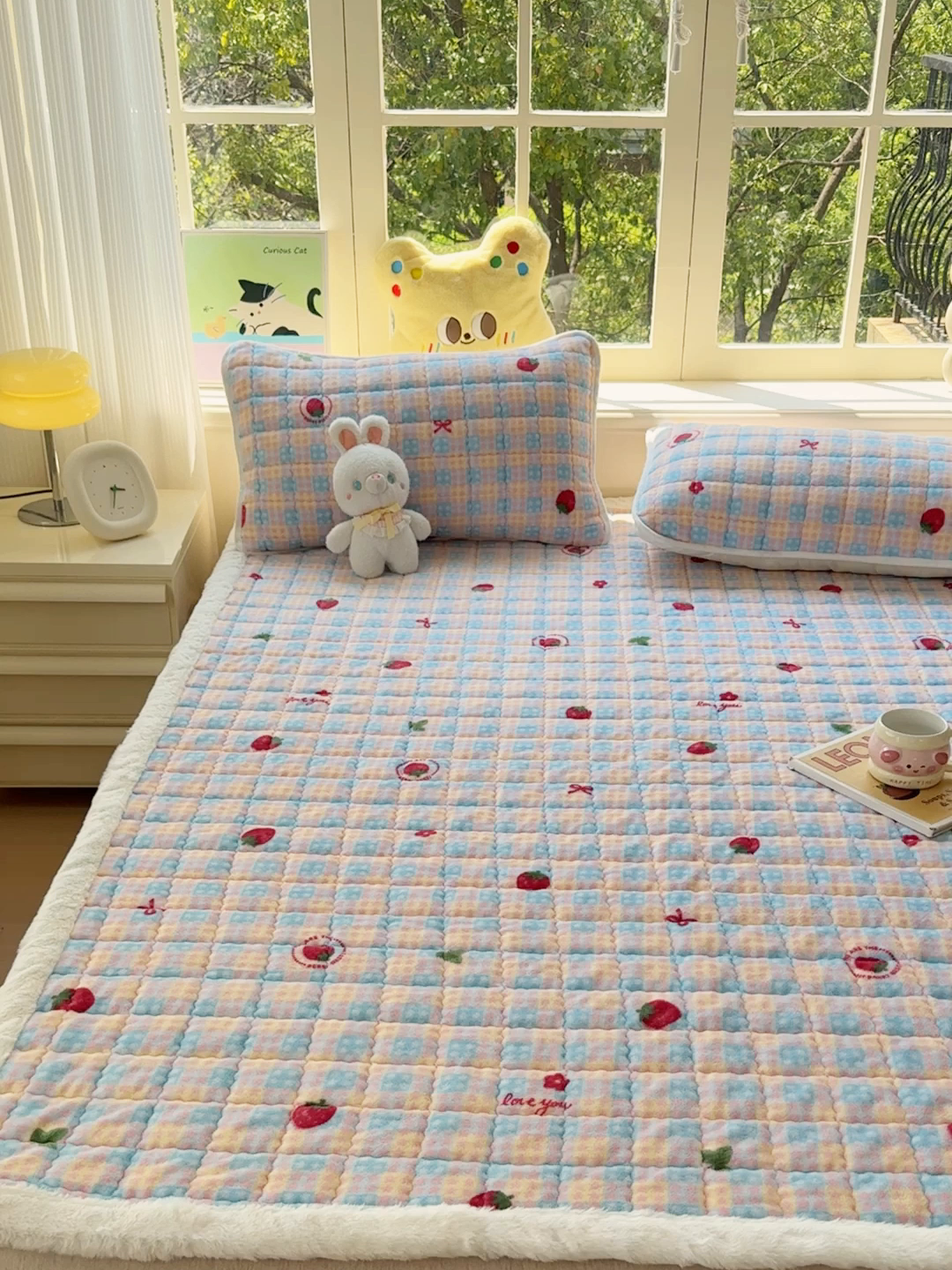 91家纺网 家纺一手货源 找家纺 澜妃 2025新款高克重牛奶绒可爱系床褥床护垫CHD CHD-草莓软心