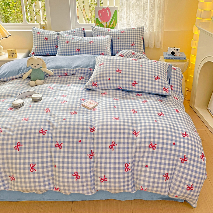 91家纺网 家纺一手货源 找家纺 暖芯优选 2025新款小清新加厚高克重牛奶绒四件套直播热款电商热款 温柔-蓝