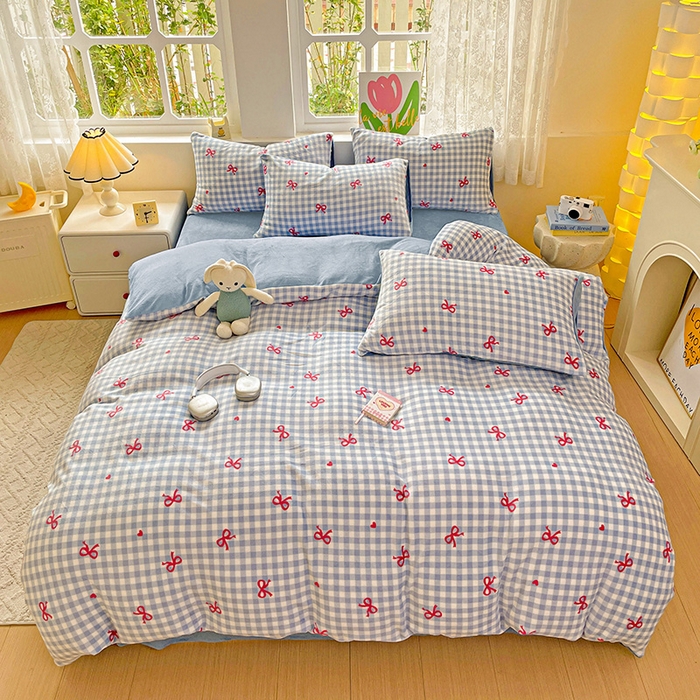 91家纺网 家纺一手货源 找家纺 暖芯优选 2025新款小清新加厚高克重牛奶绒四件套直播热款电商热款 温柔-蓝