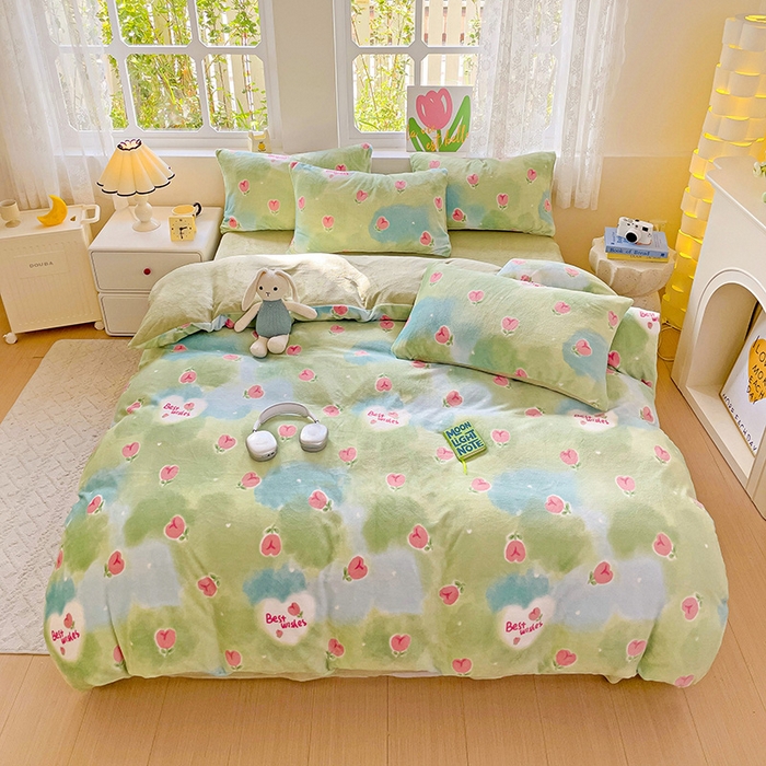 91家纺网 家纺一手货源 找家纺 暖芯优选 2025新款小清新加厚高克重牛奶绒四件套直播热款电商热款 云境