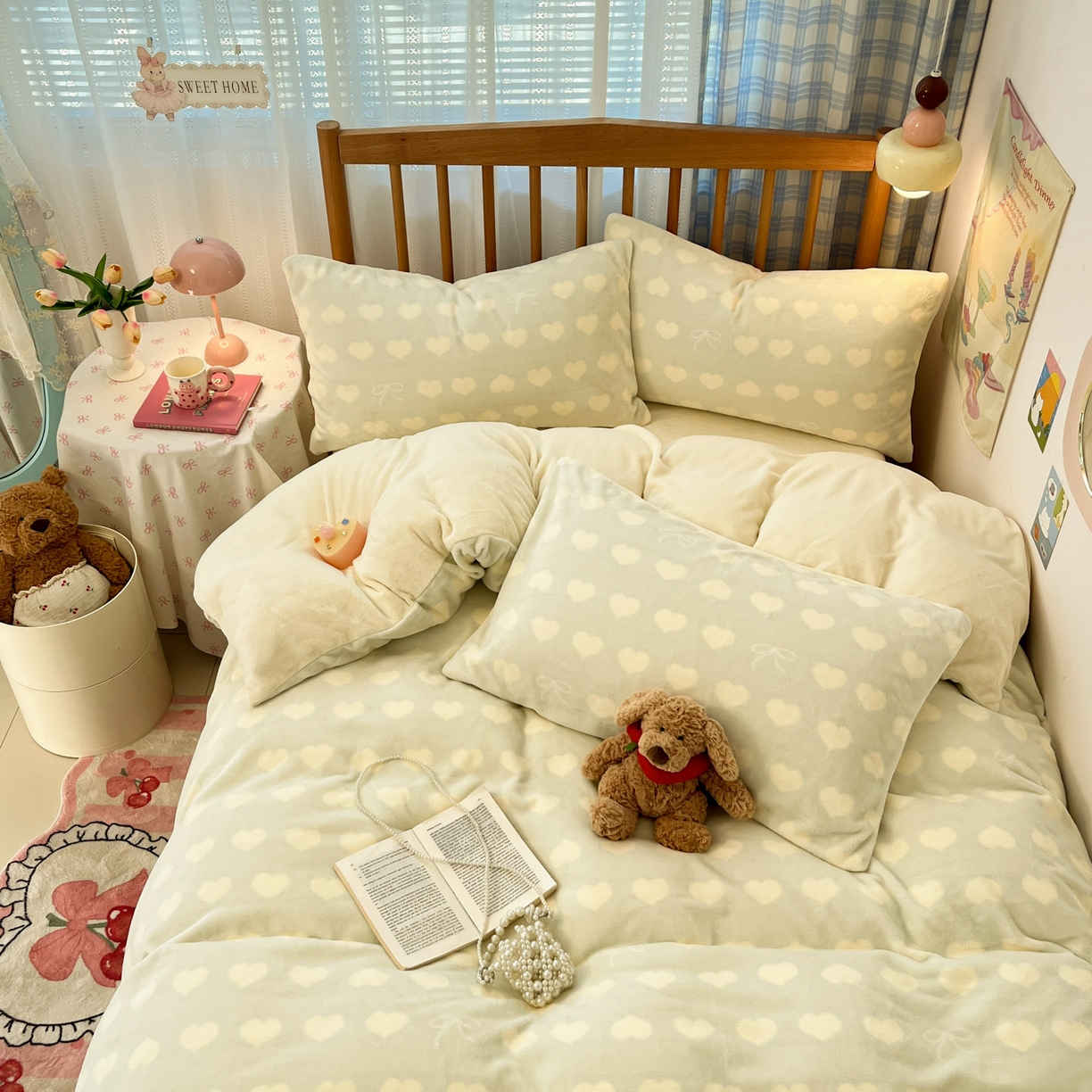 91家纺网 家纺一手货源 找家纺 小叮当家纺仓储工厂店 2025新款牛奶绒印花四件套 爱心蝴蝶结