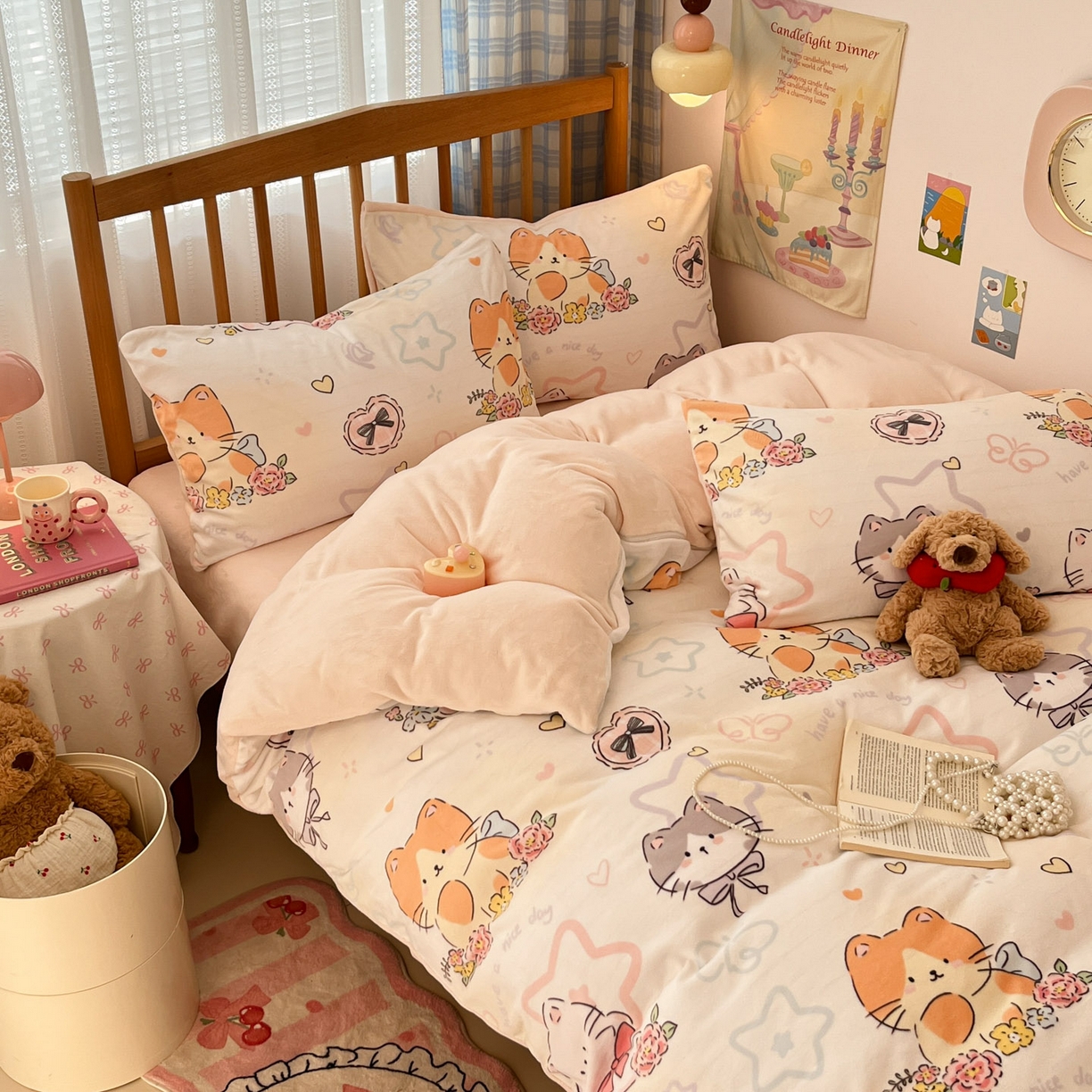 小叮当家纺仓储工厂店 2025新款牛奶绒印花四件套 喵影仙花