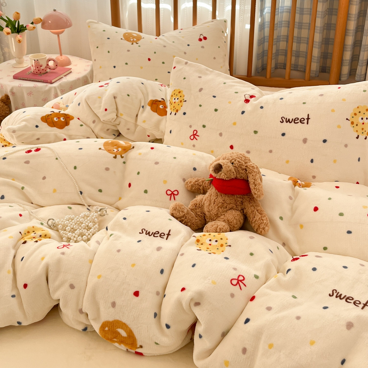 91家纺网 家纺一手货源 找家纺 小叮当家纺仓储工厂店 2025新款牛奶绒印花四件套 饼干派对