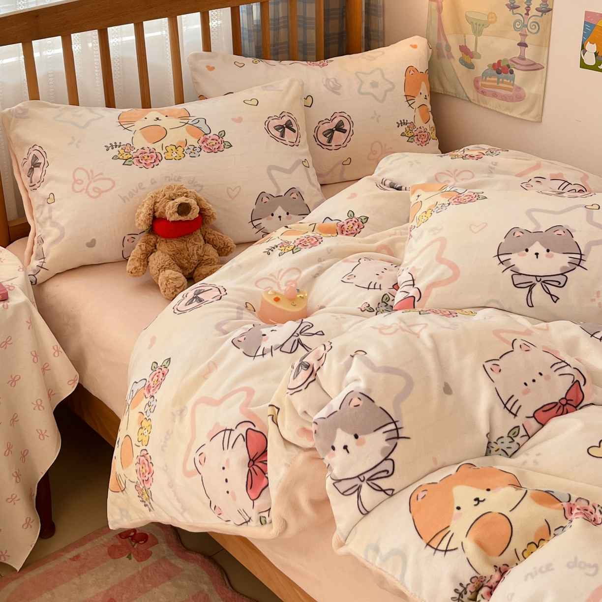 91家纺网 家纺一手货源 找家纺 小叮当家纺仓储工厂店 2025新款牛奶绒印花四件套 喵影仙花