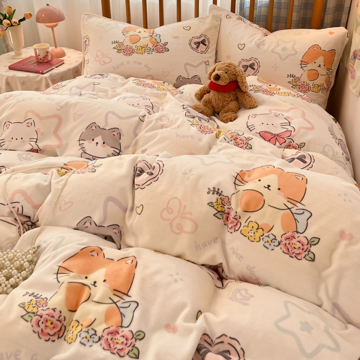 91家纺网 家纺一手货源 找家纺 小叮当家纺仓储工厂店 2025新款牛奶绒印花四件套 喵影仙花