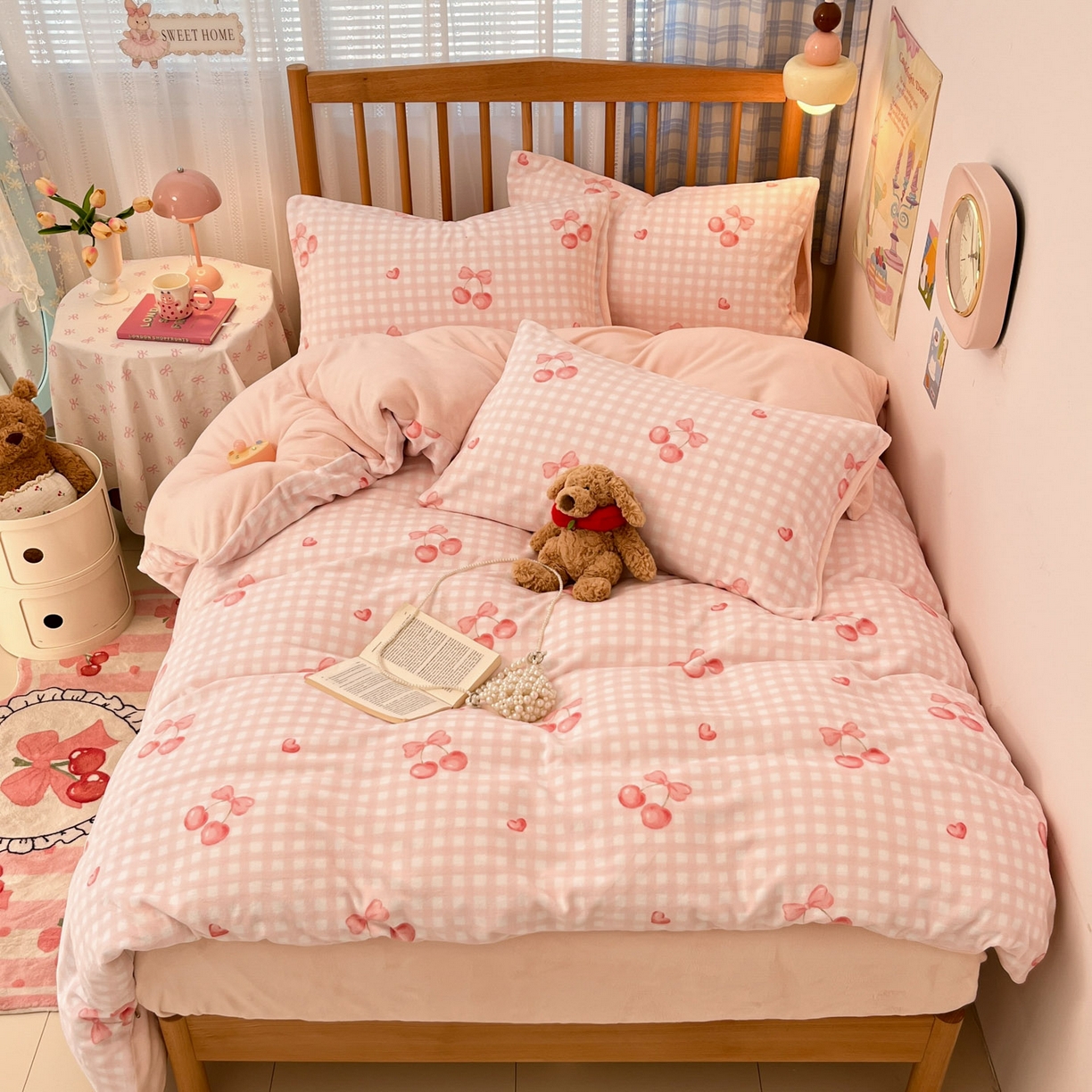 91家纺网 家纺一手货源 找家纺 小叮当家纺仓储工厂店 2025新款牛奶绒印花四件套 格上樱梦