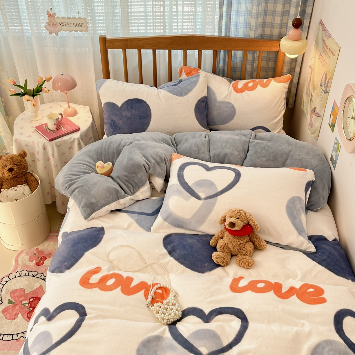 91家纺网 家纺一手货源 找家纺 小叮当家纺仓储工厂店 2025新款牛奶绒印花四件套 爱心絮语