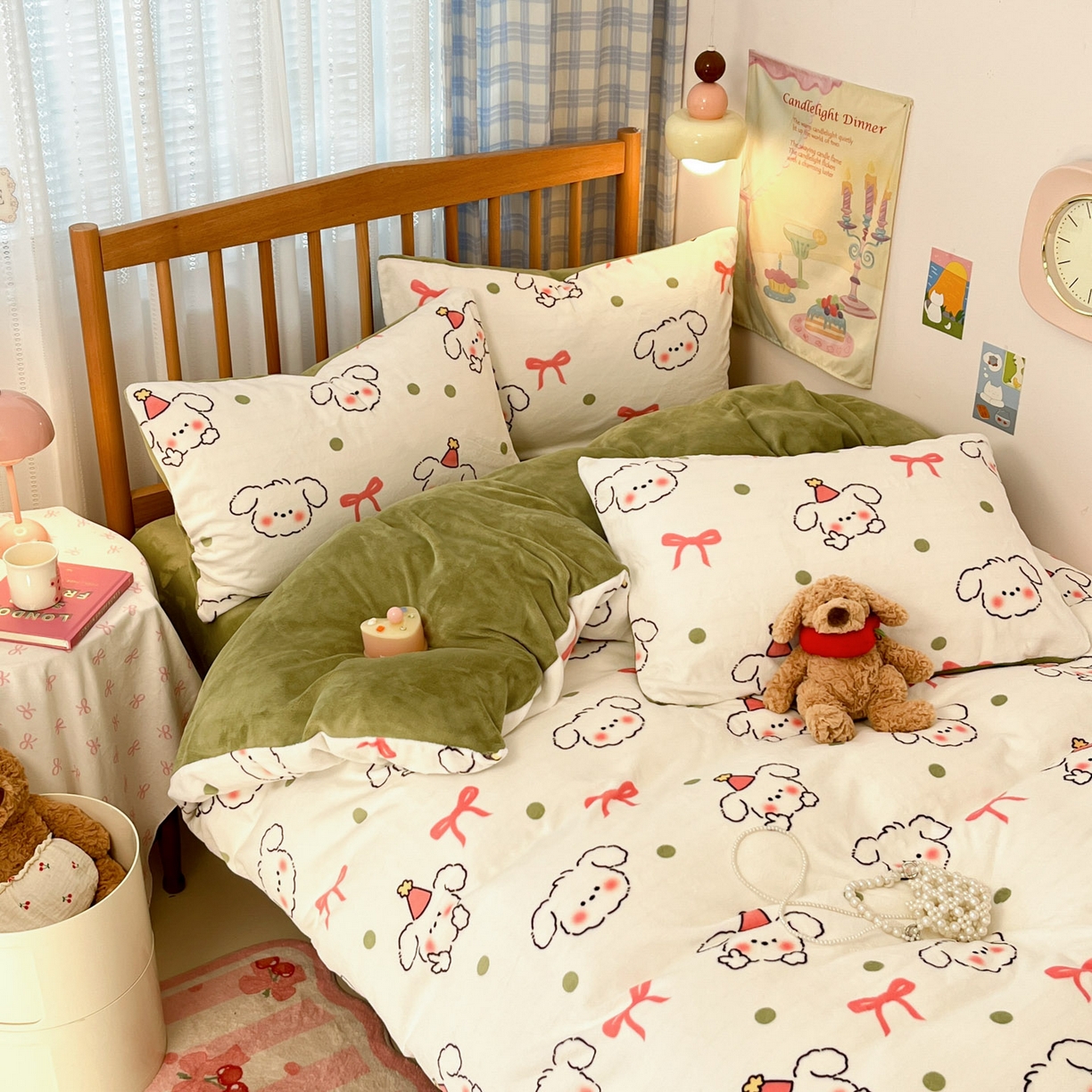 小叮当家纺仓储工厂店 2025新款牛奶绒印花四件套 蝴蝶结狗