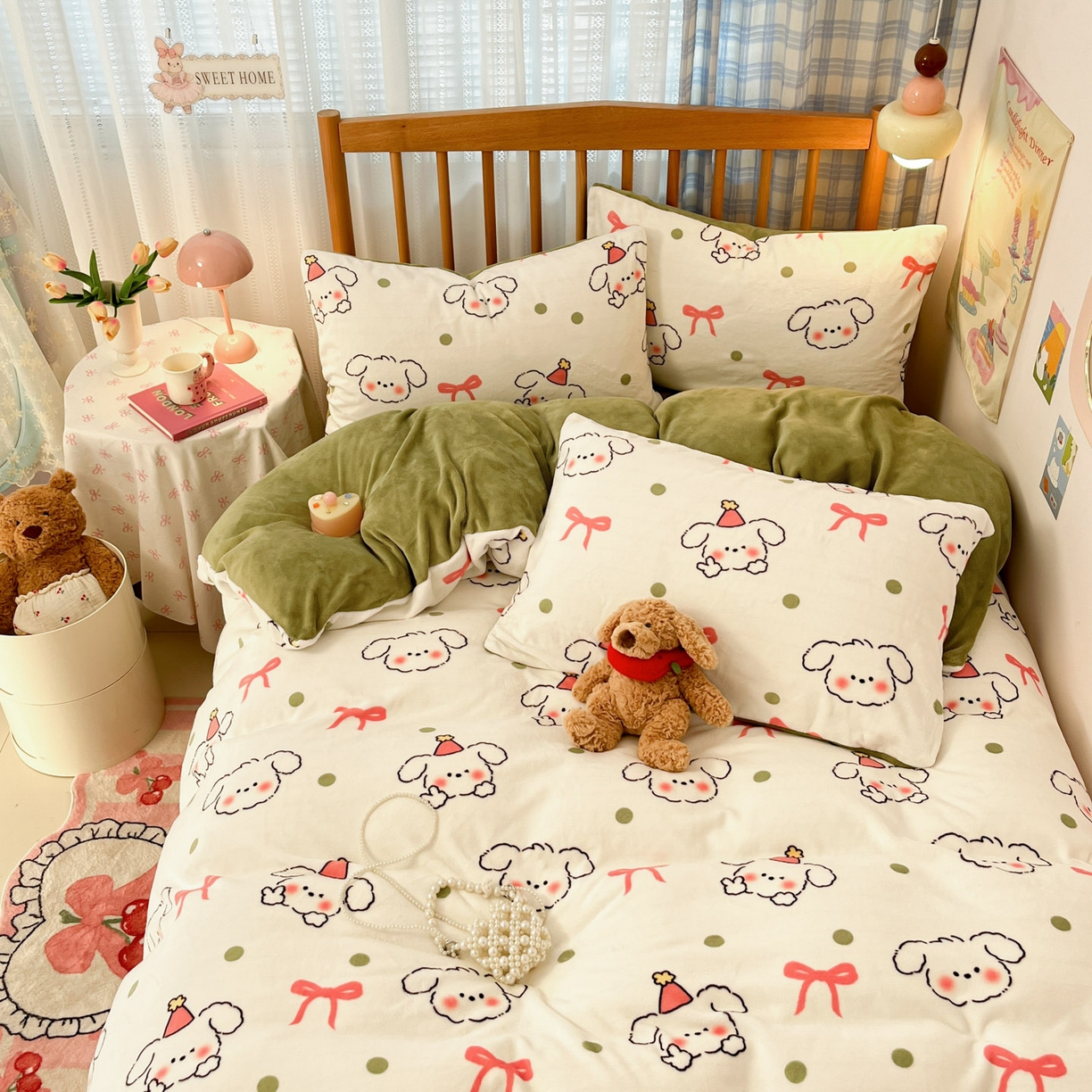 91家纺网 家纺一手货源 找家纺 小叮当家纺仓储工厂店 2025新款牛奶绒印花四件套 蝴蝶结狗