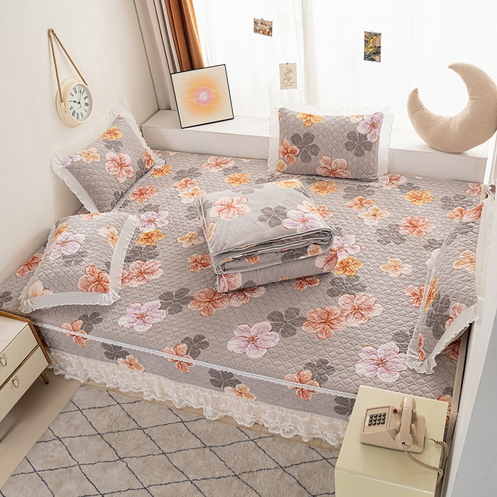 91家纺网 家纺一手货源 找家纺 冬然 2024新款牛奶绒床盖榻榻米床盖炕盖 朵朵花香