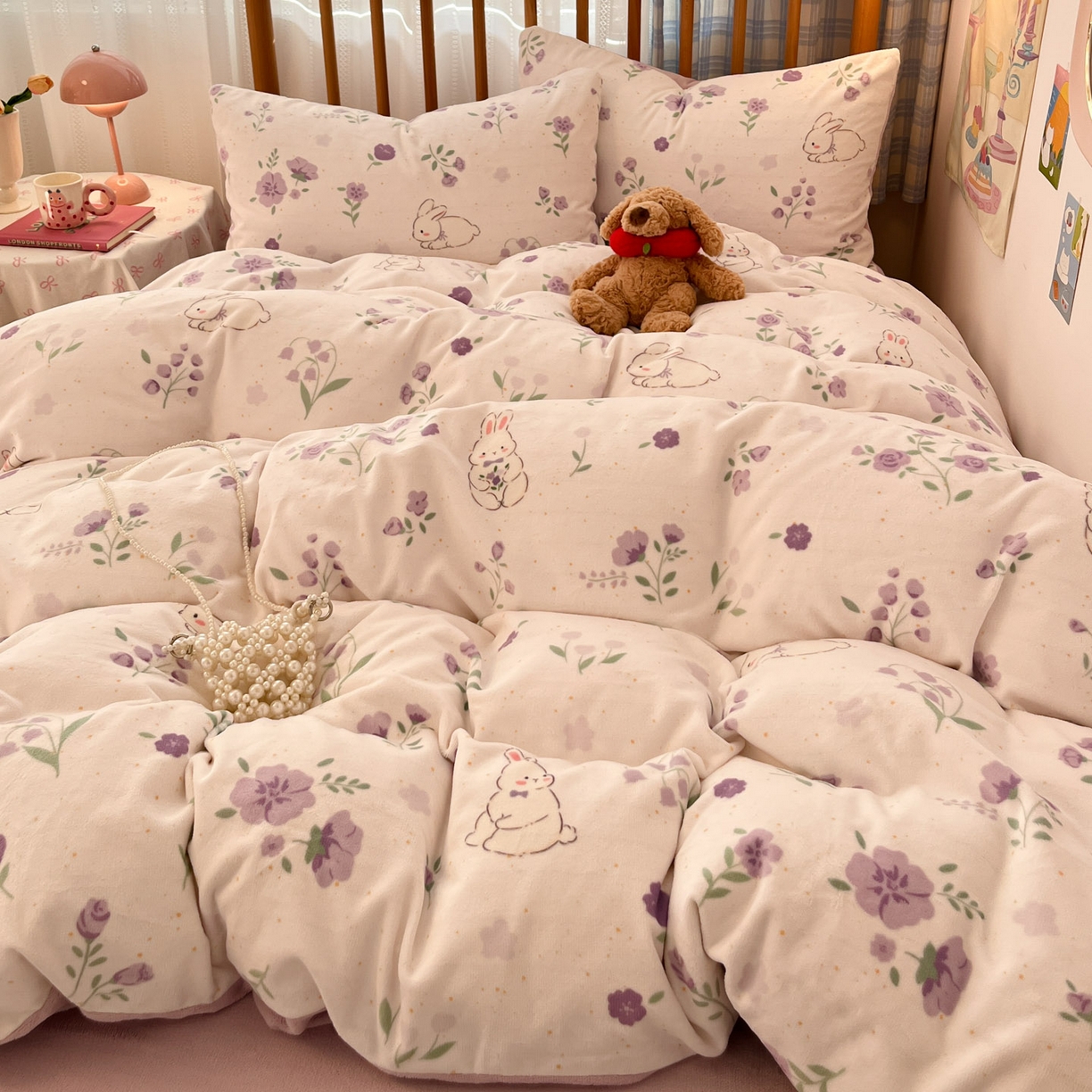 91家纺网 家纺一手货源 找家纺 小叮当家纺仓储工厂店 2025新款牛奶绒印花四件套 兔眠花笺