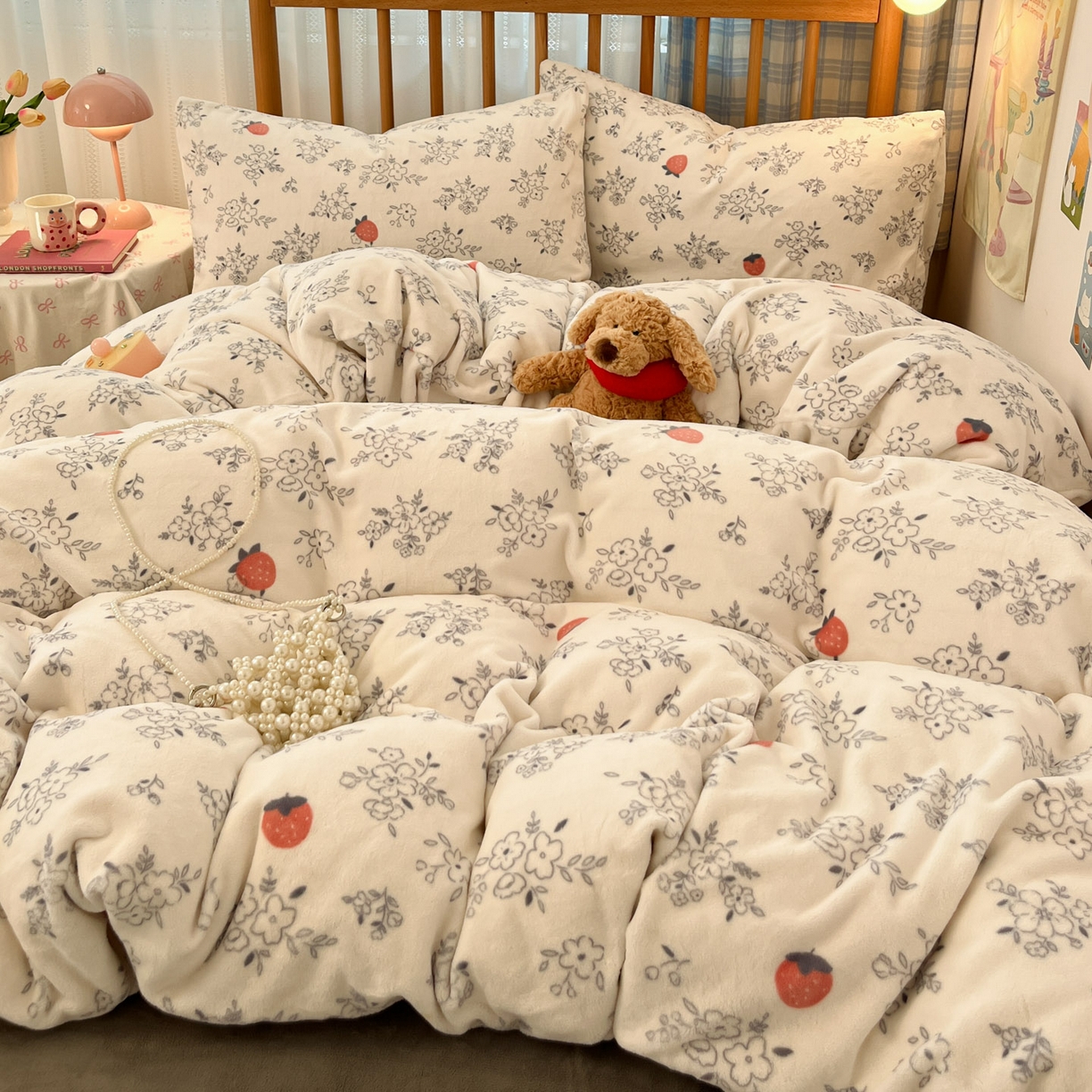 91家纺网 家纺一手货源 找家纺 小叮当家纺仓储工厂店 2025新款牛奶绒印花四件套 浅花莓语