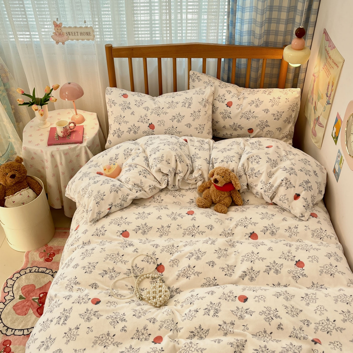 91家纺网 家纺一手货源 找家纺 小叮当家纺仓储工厂店 2025新款牛奶绒印花四件套 浅花莓语