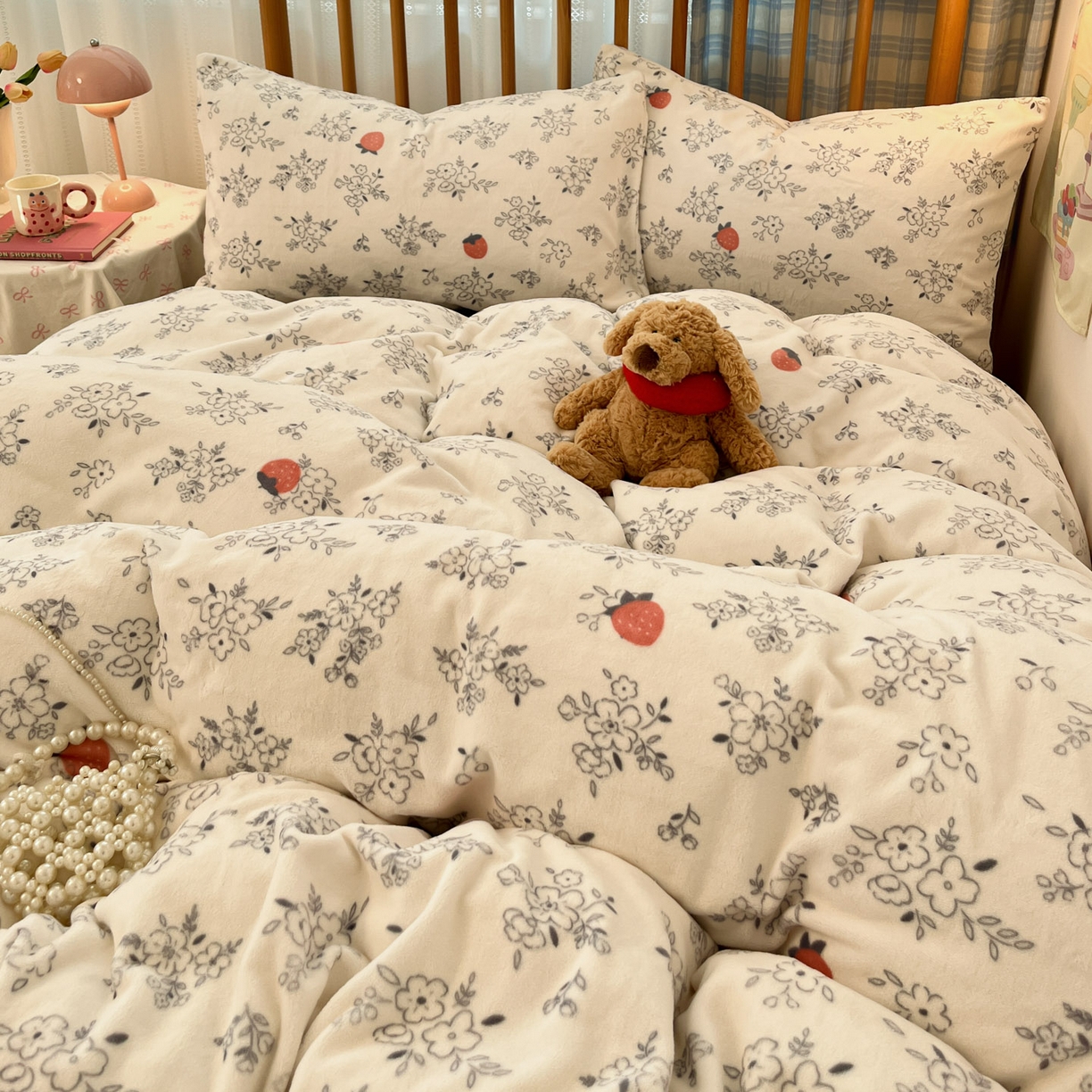 91家纺网 家纺一手货源 找家纺 小叮当家纺仓储工厂店 2025新款牛奶绒印花四件套 浅花莓语