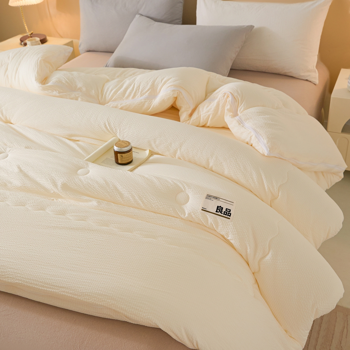91家纺网 家纺一手货源 找家纺 小叮当家纺仓储工厂店 2025新款双层纱大豆子母被被子被芯 良品-象牙白