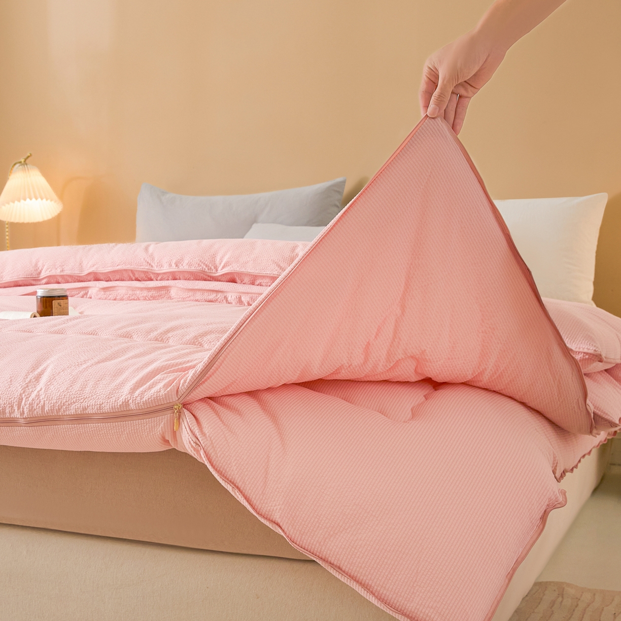 91家纺网 家纺一手货源 找家纺 小叮当家纺仓储工厂店 2025新款双层纱大豆子母被被子被芯 良品-白桃粉