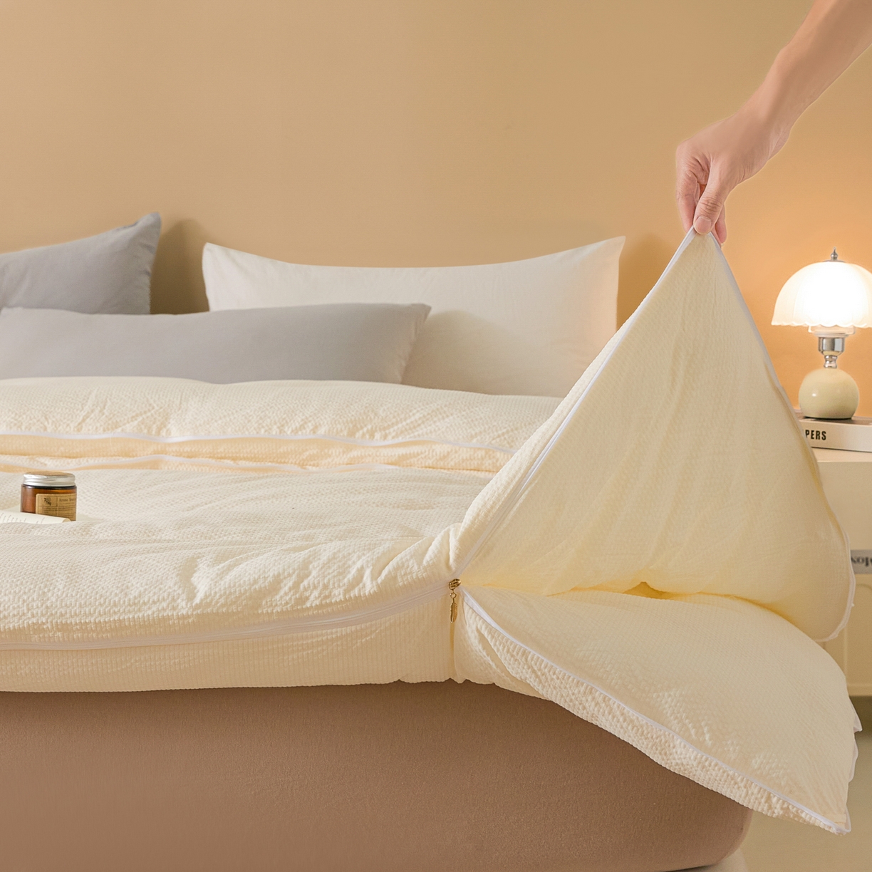 91家纺网 家纺一手货源 找家纺 小叮当家纺仓储工厂店 2025新款双层纱大豆子母被被子被芯 良品-象牙白