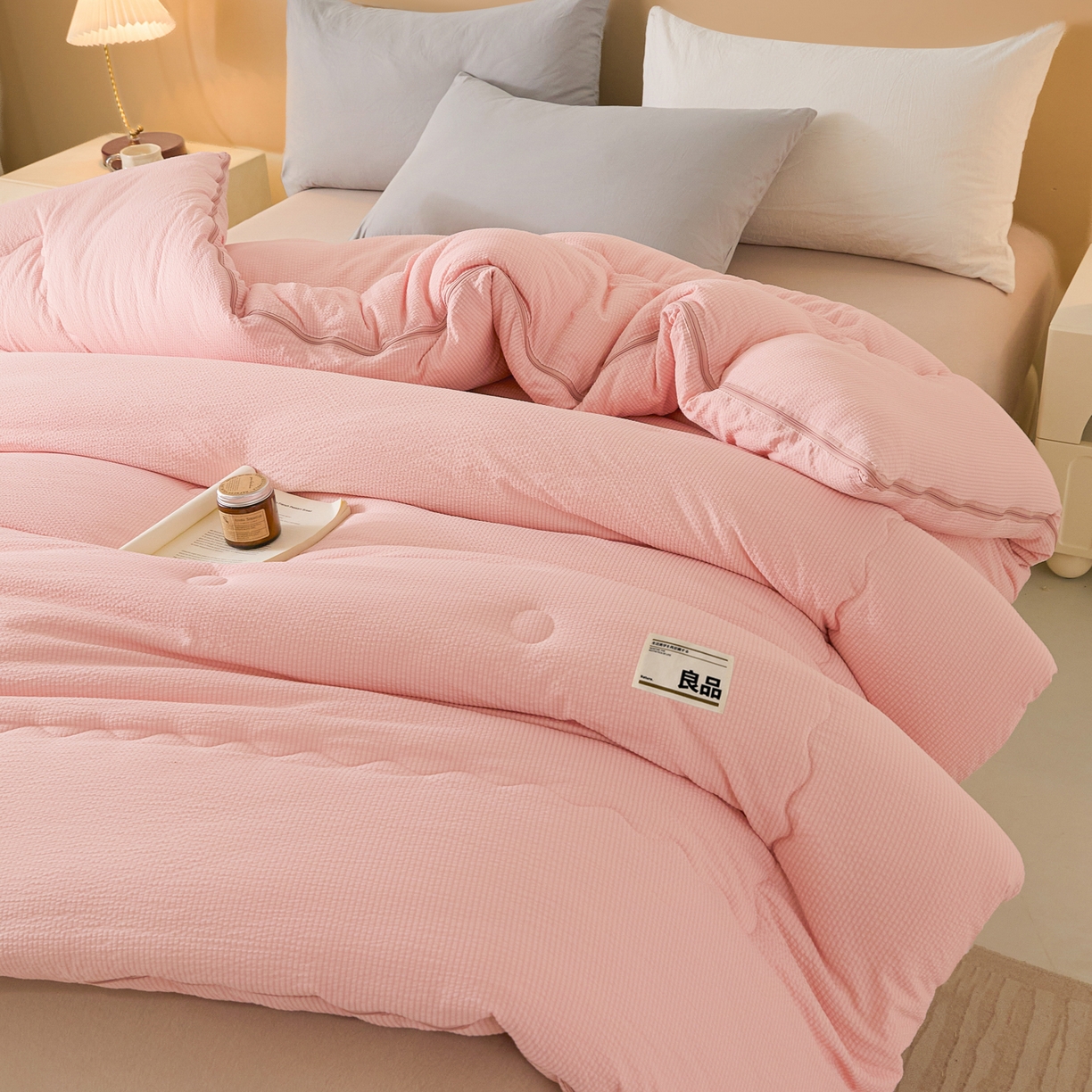 91家纺网 家纺一手货源 找家纺 小叮当家纺仓储工厂店 2025新款双层纱大豆子母被被子被芯 良品-白桃粉