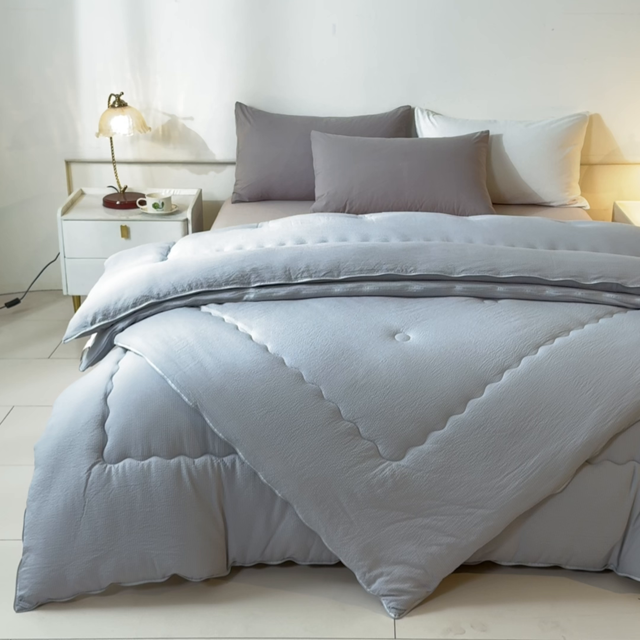 91家纺网 家纺一手货源 找家纺 小叮当家纺仓储工厂店 2025新款双层纱大豆子母被被子被芯 良品-浅银灰