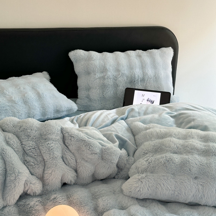 91家纺网 家纺一手货源 找家纺 小叮当家纺仓储工厂店 （买家秀 爆款不断货）2025新款A类母婴级兔兔绒大泡泡牛奶绒珊瑚绒雪花绒四件套 雅致-海蓝