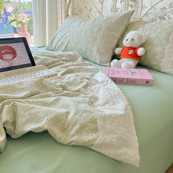 91家纺网 家纺一手货源 找家纺 澜妃 2025新款糯叽叽水洗棉全棉蕾丝花边-艾意系列 艾意-春江雾