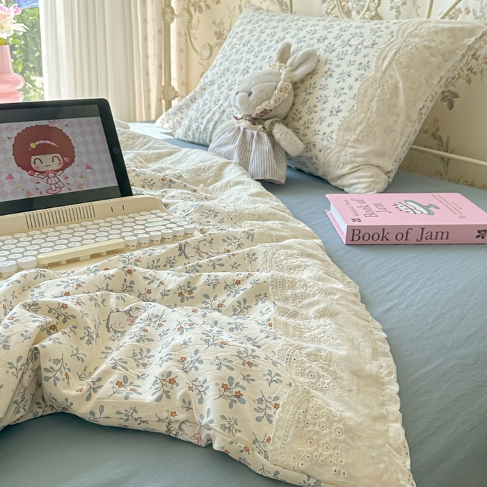 91家纺网 家纺一手货源 找家纺 澜妃 2025新款糯叽叽水洗棉全棉蕾丝花边-艾意系列 艾意-安妮的兔