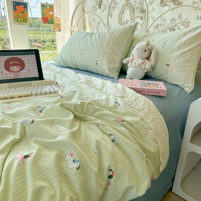 91家纺网 家纺一手货源 找家纺 澜妃 2025新款糯叽叽水洗棉全棉蕾丝花边-艾意系列 艾意-小狗心情