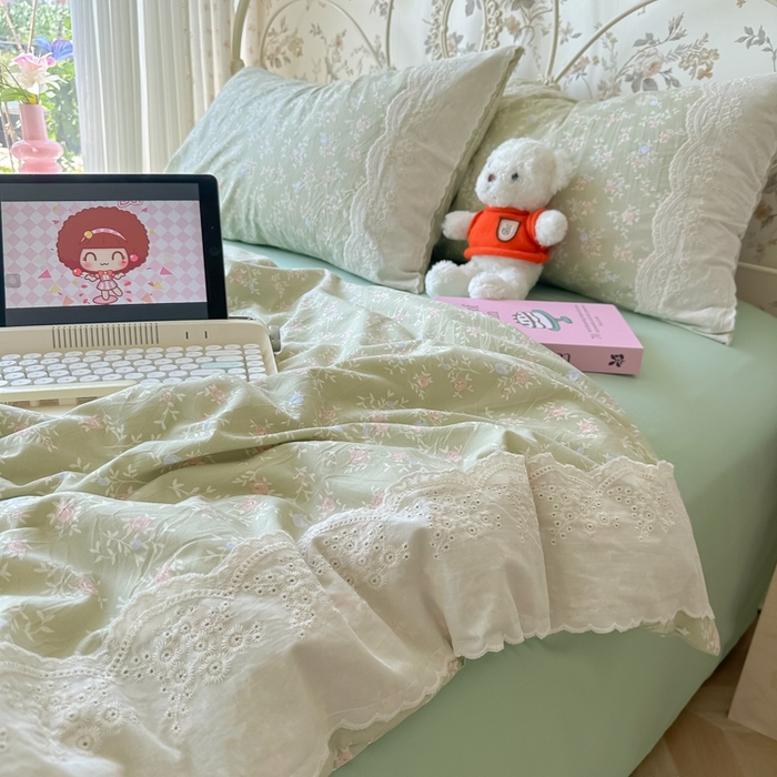 91家纺网 家纺一手货源 找家纺 澜妃 2025新款糯叽叽水洗棉全棉蕾丝花边-艾意系列 艾意-春江雾