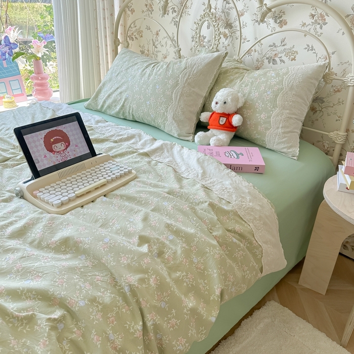 91家纺网 家纺一手货源 找家纺 澜妃 2025新款糯叽叽水洗棉全棉蕾丝花边-艾意系列 艾意-春江雾