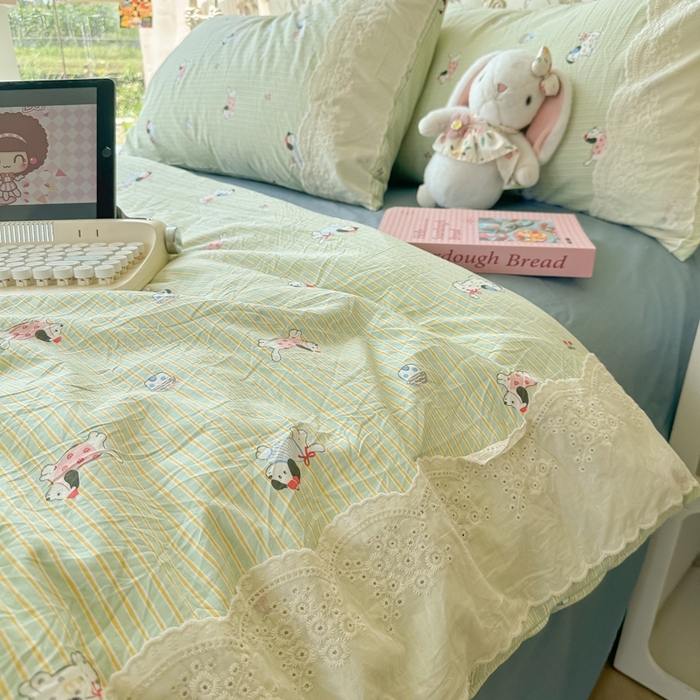 91家纺网 家纺一手货源 找家纺 澜妃 2025新款糯叽叽水洗棉全棉蕾丝花边-艾意系列 艾意-小狗心情