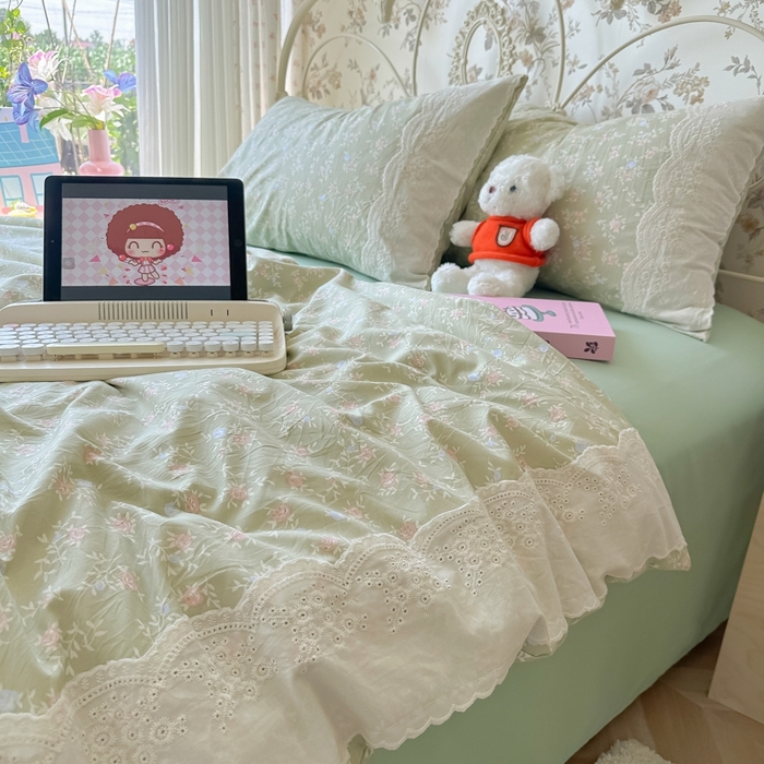 91家纺网 家纺一手货源 找家纺 澜妃 2025新款糯叽叽水洗棉全棉蕾丝花边-艾意系列 艾意-春江雾