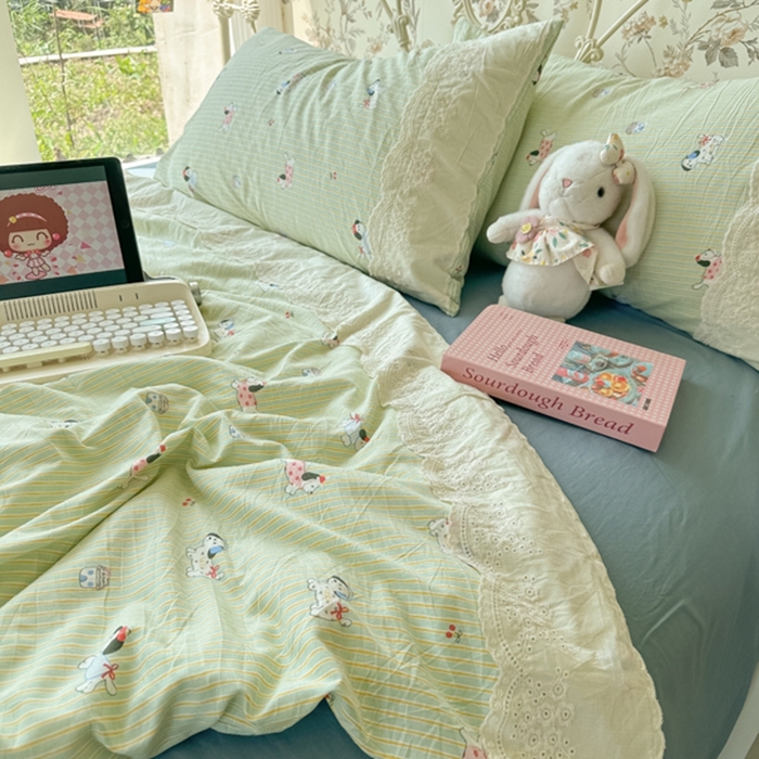 91家纺网 家纺一手货源 找家纺 澜妃 2025新款糯叽叽水洗棉全棉蕾丝花边-艾意系列 艾意-小狗心情