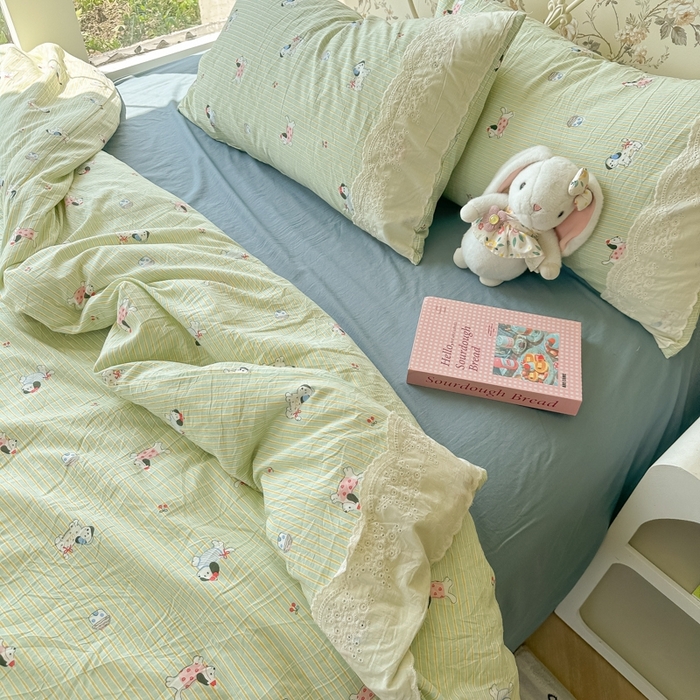 91家纺网 家纺一手货源 找家纺 澜妃 2025新款糯叽叽水洗棉全棉蕾丝花边-艾意系列 艾意-小狗心情