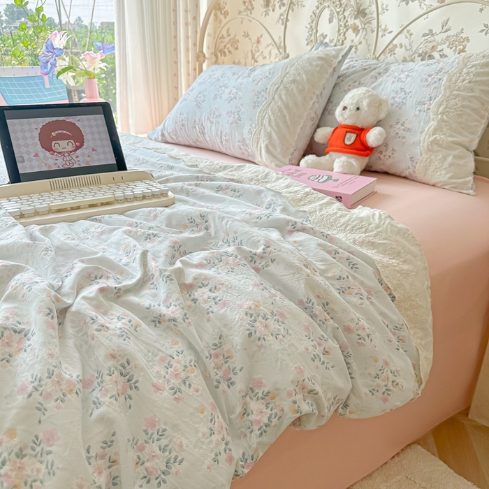 91家纺网 家纺一手货源 找家纺 澜妃 2025新款糯叽叽水洗棉全棉蕾丝花边-艾意系列 艾意-蓝莓气泡