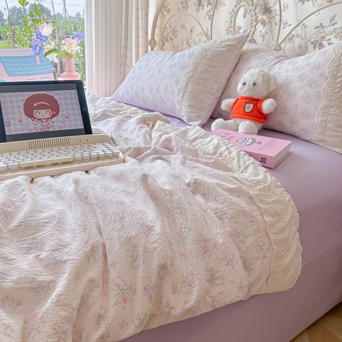 91家纺网 家纺一手货源 找家纺 澜妃 2025新款糯叽叽水洗棉全棉蕾丝花边-艾意系列 艾意-半路月亮