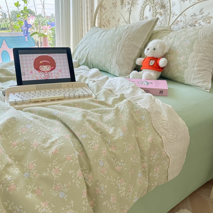 91家纺网 家纺一手货源 找家纺 澜妃 2025新款糯叽叽水洗棉全棉蕾丝花边-艾意系列 艾意-春江雾