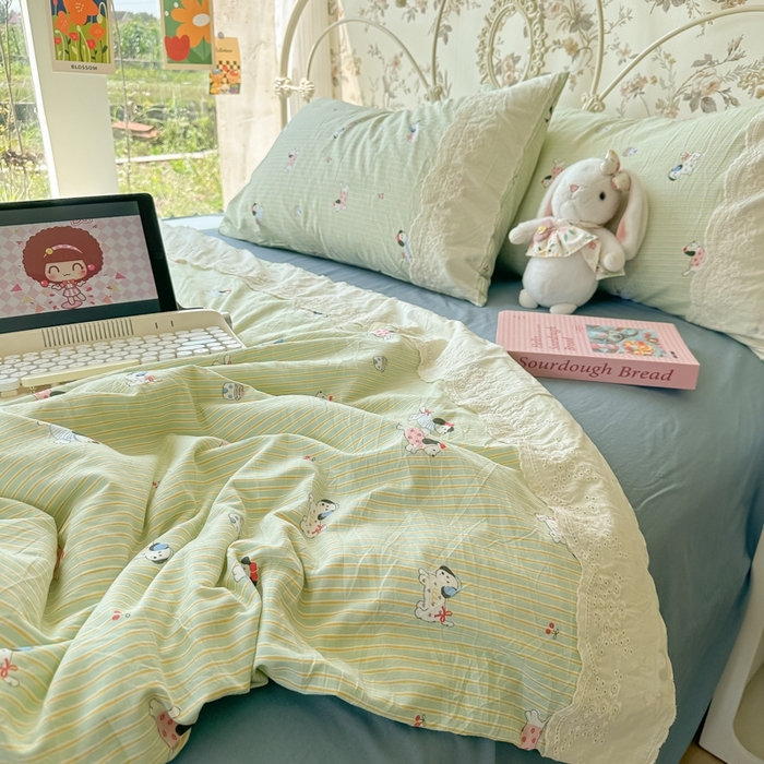 91家纺网 家纺一手货源 找家纺 澜妃 2025新款糯叽叽水洗棉全棉蕾丝花边-艾意系列 艾意-小狗心情