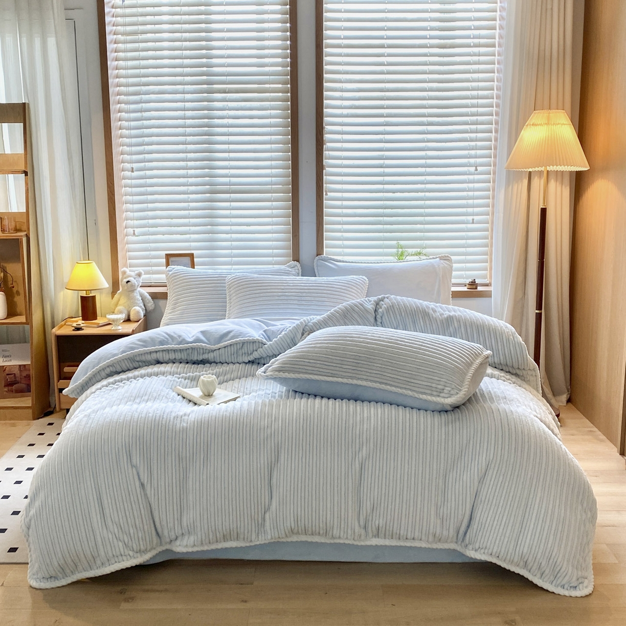 91家纺网 家纺一手货源 找家纺 小叮当家纺仓储工厂店 2025新款阳离子抽条四件套 阳离子抽条-浅蓝