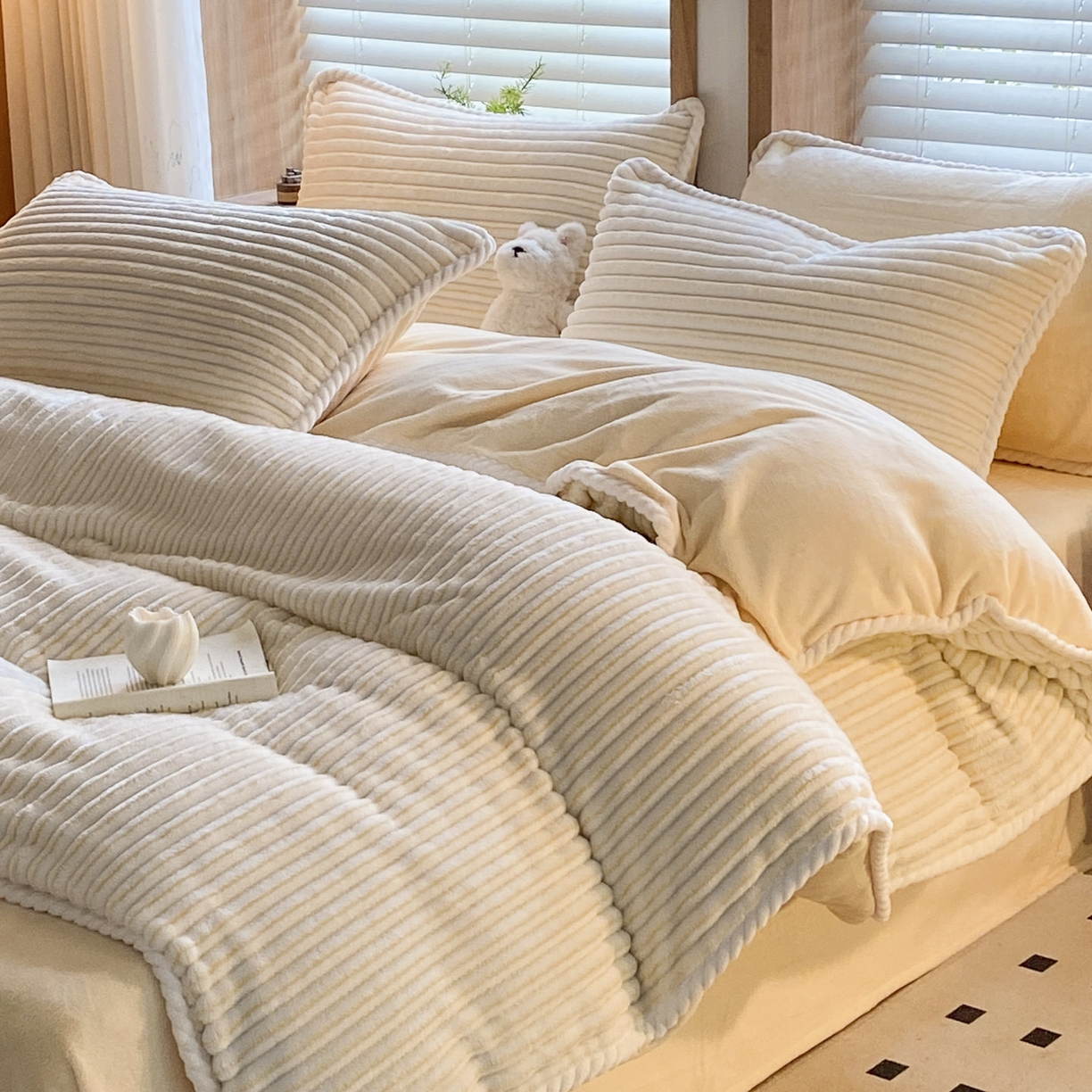 91家纺网 家纺一手货源 找家纺 小叮当家纺仓储工厂店 2025新款阳离子抽条四件套 阳离子抽条-奶黄