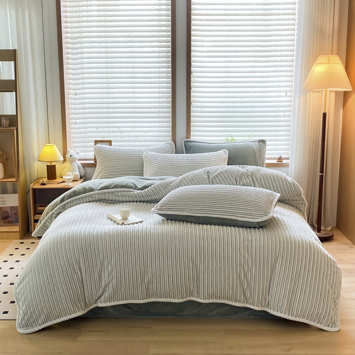 91家纺网 家纺一手货源 找家纺 小叮当家纺仓储工厂店 2025新款阳离子抽条四件套 阳离子抽条-果绿