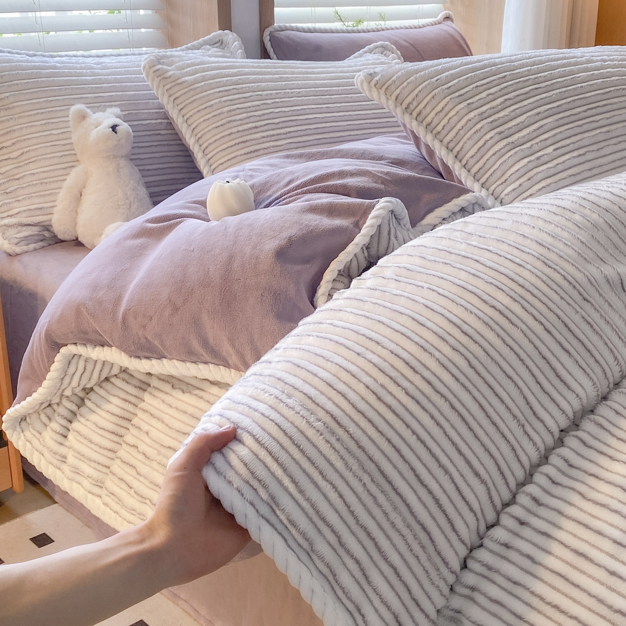 小叮当家纺仓储工厂店 2025新款阳离子抽条四件套 阳离子抽条-浅紫