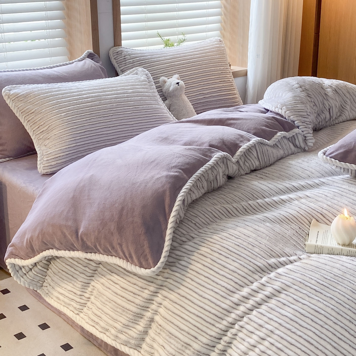 91家纺网 家纺一手货源 找家纺 小叮当家纺仓储工厂店 2025新款阳离子抽条四件套 阳离子抽条-浅紫