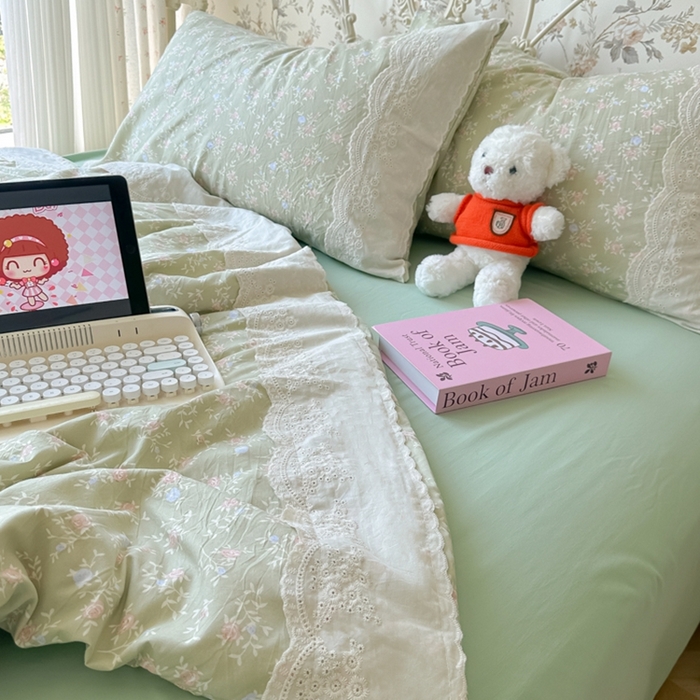 91家纺网 家纺一手货源 找家纺 澜妃 2025新款糯叽叽水洗棉全棉蕾丝花边-艾意系列 艾意-春江雾