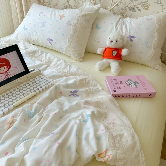 91家纺网 家纺一手货源 找家纺 澜妃 2025新款糯叽叽水洗棉全棉蕾丝花边-艾意系列 艾意-恋爱戏蝶