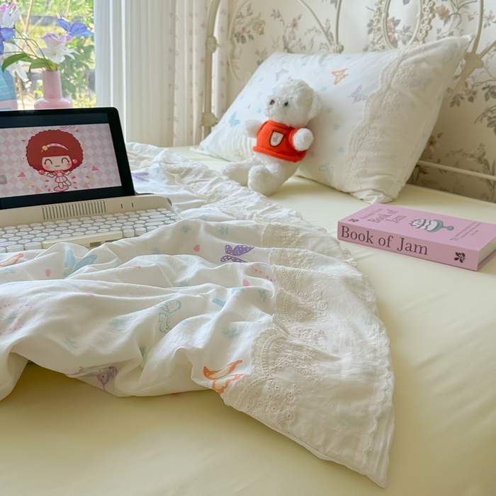 91家纺网 家纺一手货源 找家纺 澜妃 2025新款糯叽叽水洗棉全棉蕾丝花边-艾意系列 艾意-恋爱戏蝶