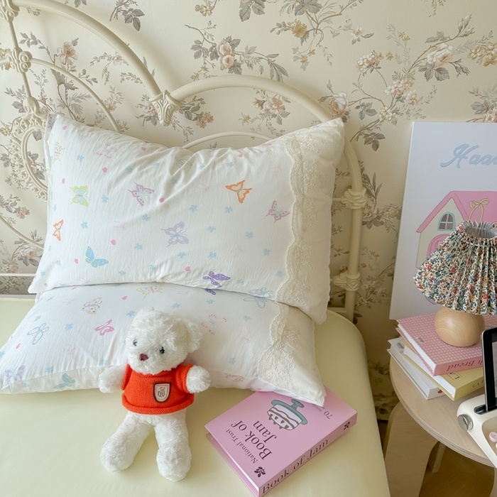 91家纺网 家纺一手货源 找家纺 澜妃 2025新款糯叽叽水洗棉全棉蕾丝花边-艾意系列 艾意-恋爱戏蝶