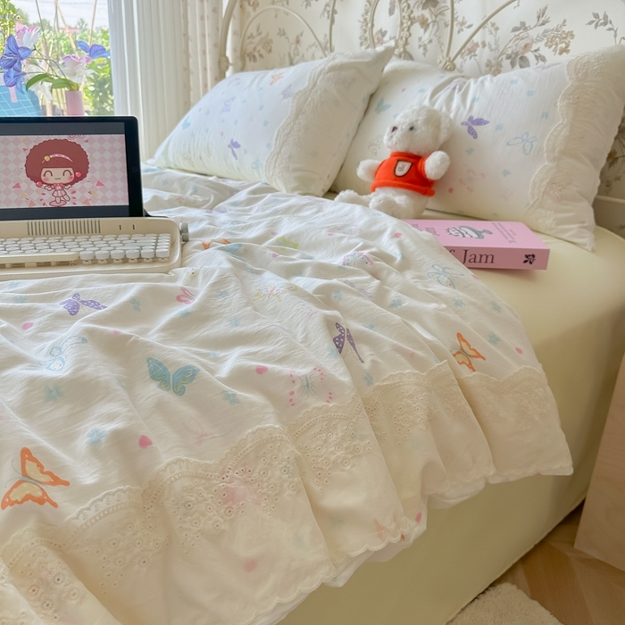 91家纺网 家纺一手货源 找家纺 澜妃 2025新款糯叽叽水洗棉全棉蕾丝花边-艾意系列 艾意-恋爱戏蝶