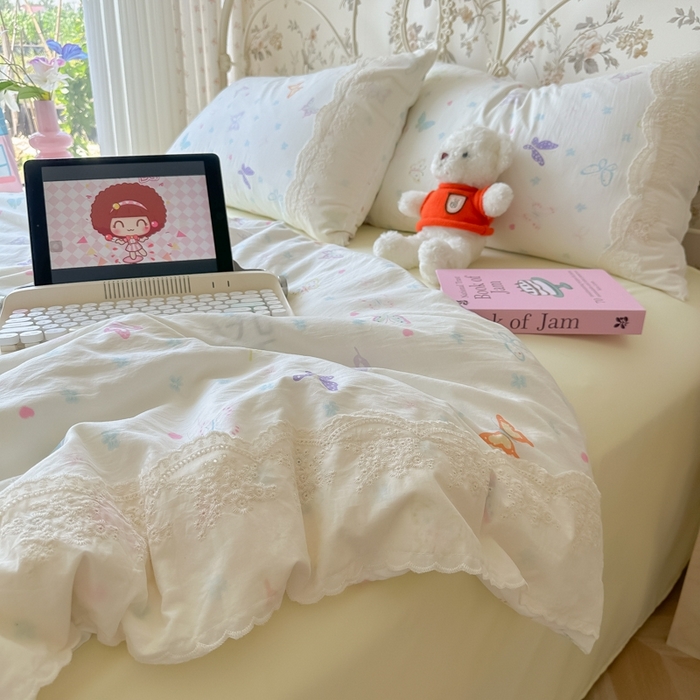 91家纺网 家纺一手货源 找家纺 澜妃 2025新款糯叽叽水洗棉全棉蕾丝花边-艾意系列 艾意-恋爱戏蝶