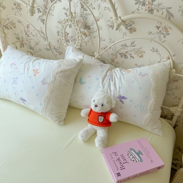 91家纺网 家纺一手货源 找家纺 澜妃 2025新款糯叽叽水洗棉全棉蕾丝花边-艾意系列 艾意-恋爱戏蝶